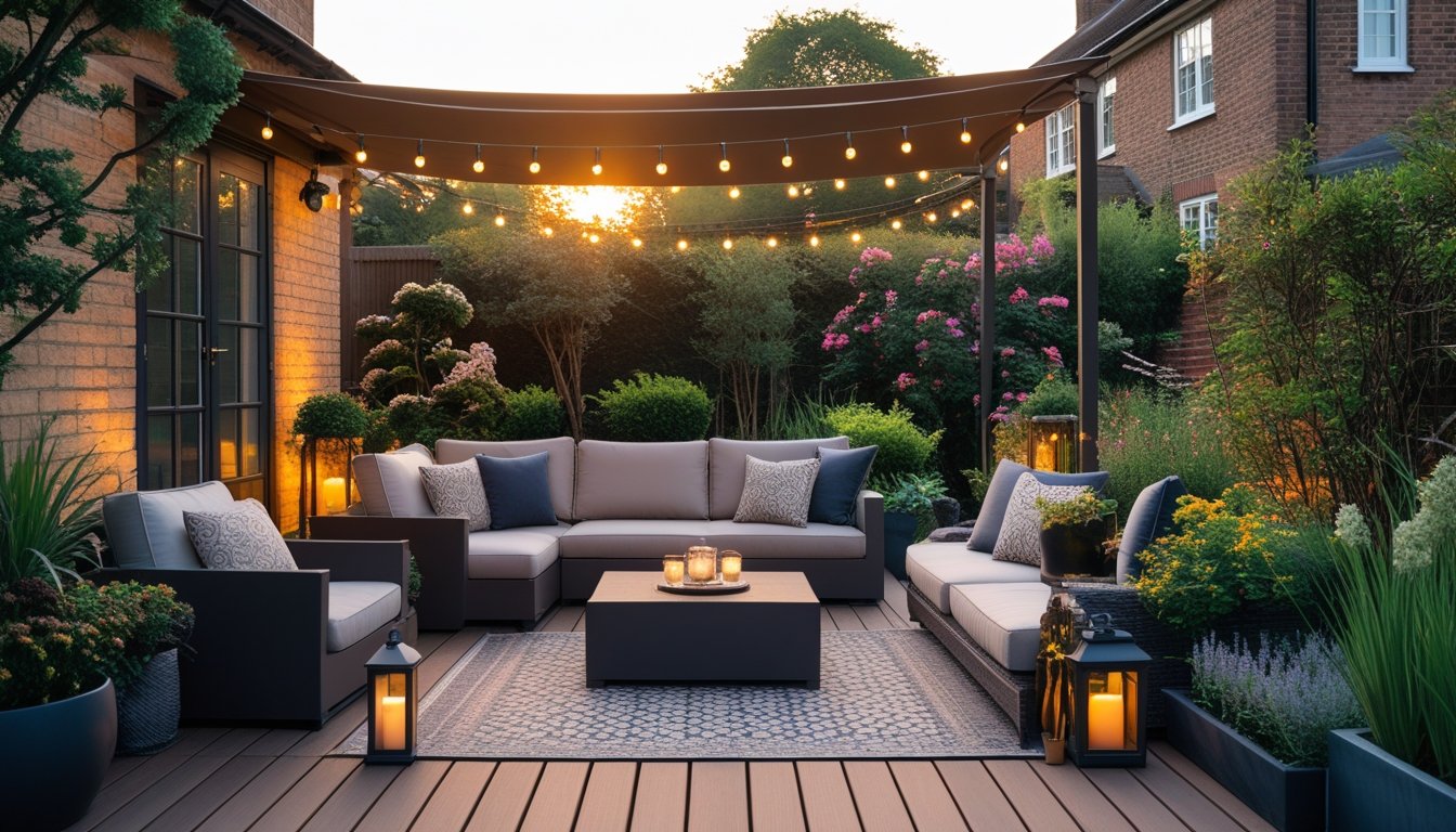 A comfortable outdoor patio with seating, plants, string lights, and a garden in the background at a UK home.