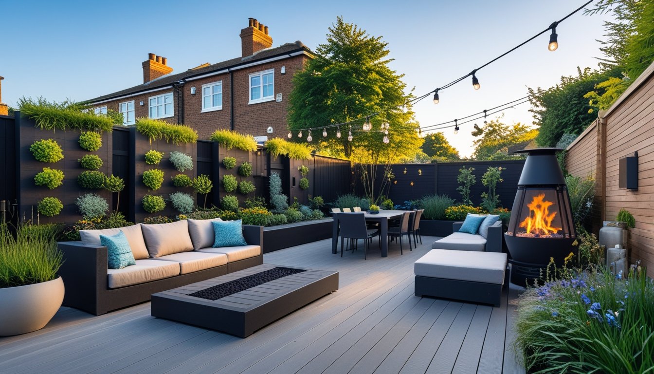 A modern outdoor patio in a UK garden with wooden decking, comfortable seating, vertical plants, and ambient lighting.