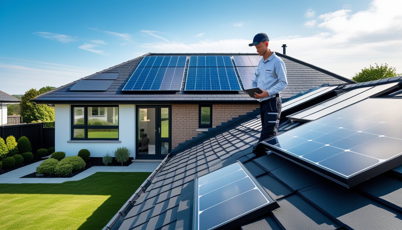 A modern UK suburban house with solar panels on the roof and a roofer inspecting it with a tablet on a sunny day.