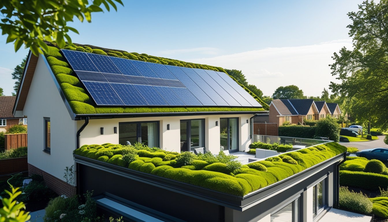 A modern UK home with a solar panel and green plant-covered roof surrounded by trees and greenery on a sunny day.