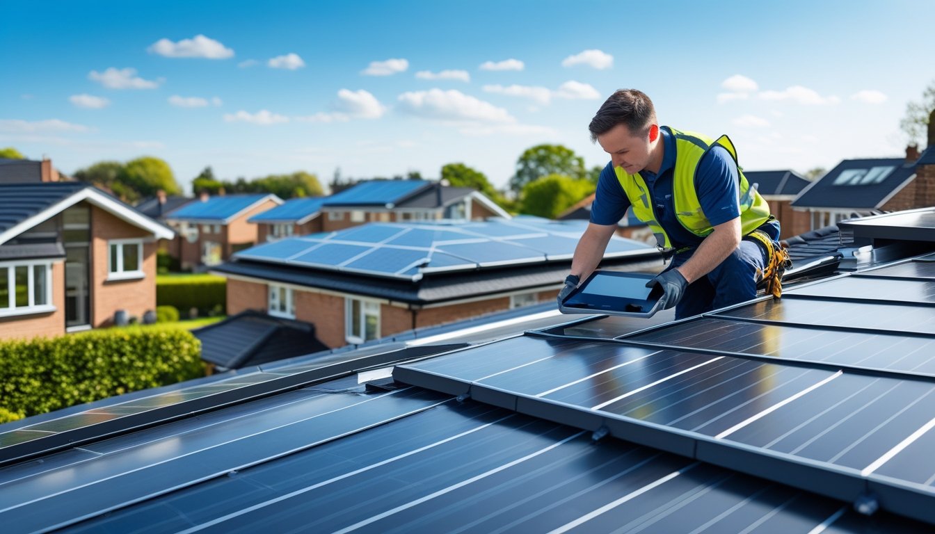 A roofer inspecting modern houses with solar panel roofs in a UK neighbourhood on a clear day.