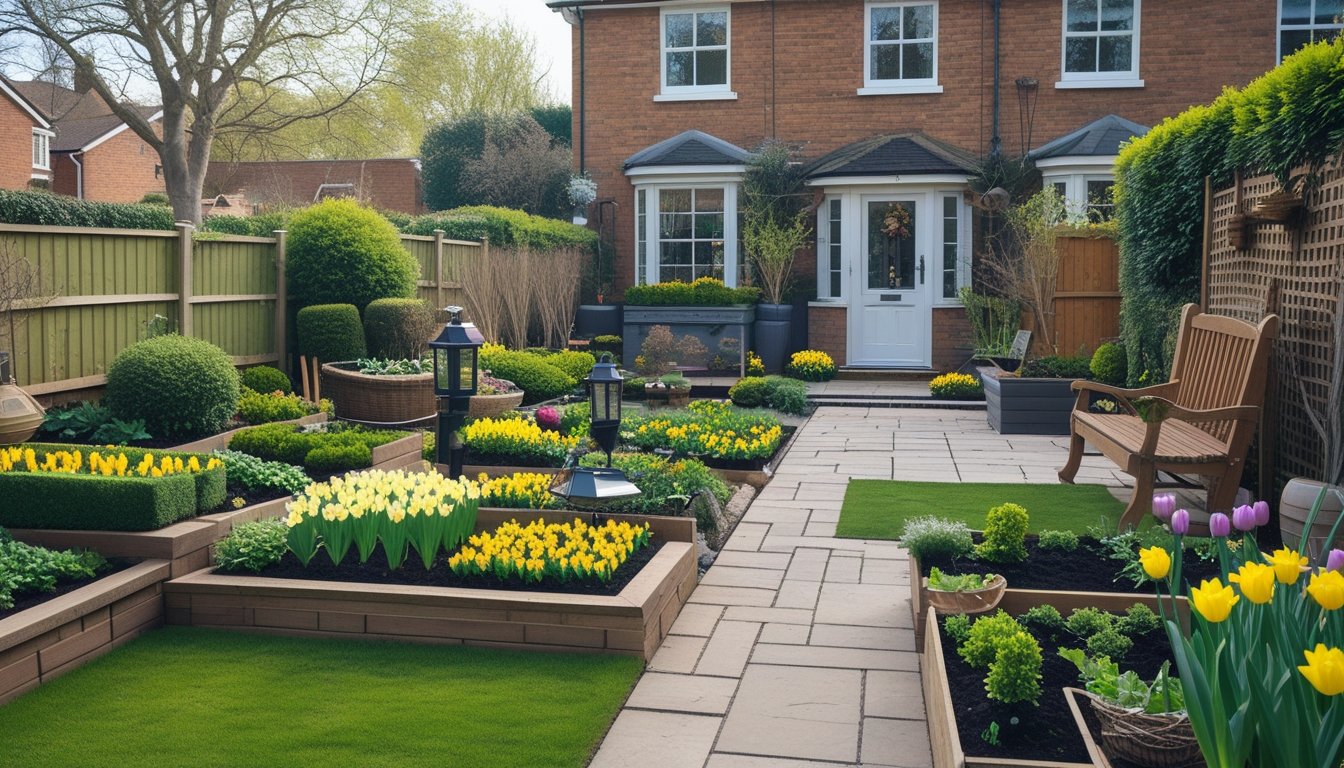 A redesigned garden outside a UK home with trimmed hedges, colourful flower beds, a stone pathway, wooden bench, and a small water feature.