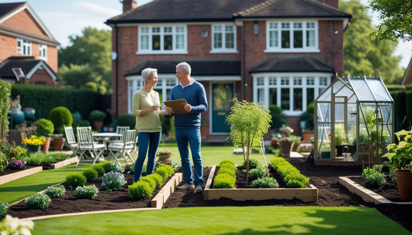 A couple planning a garden makeover in the backyard of a UK suburban home with flowers, plants, and gardening tools around them.