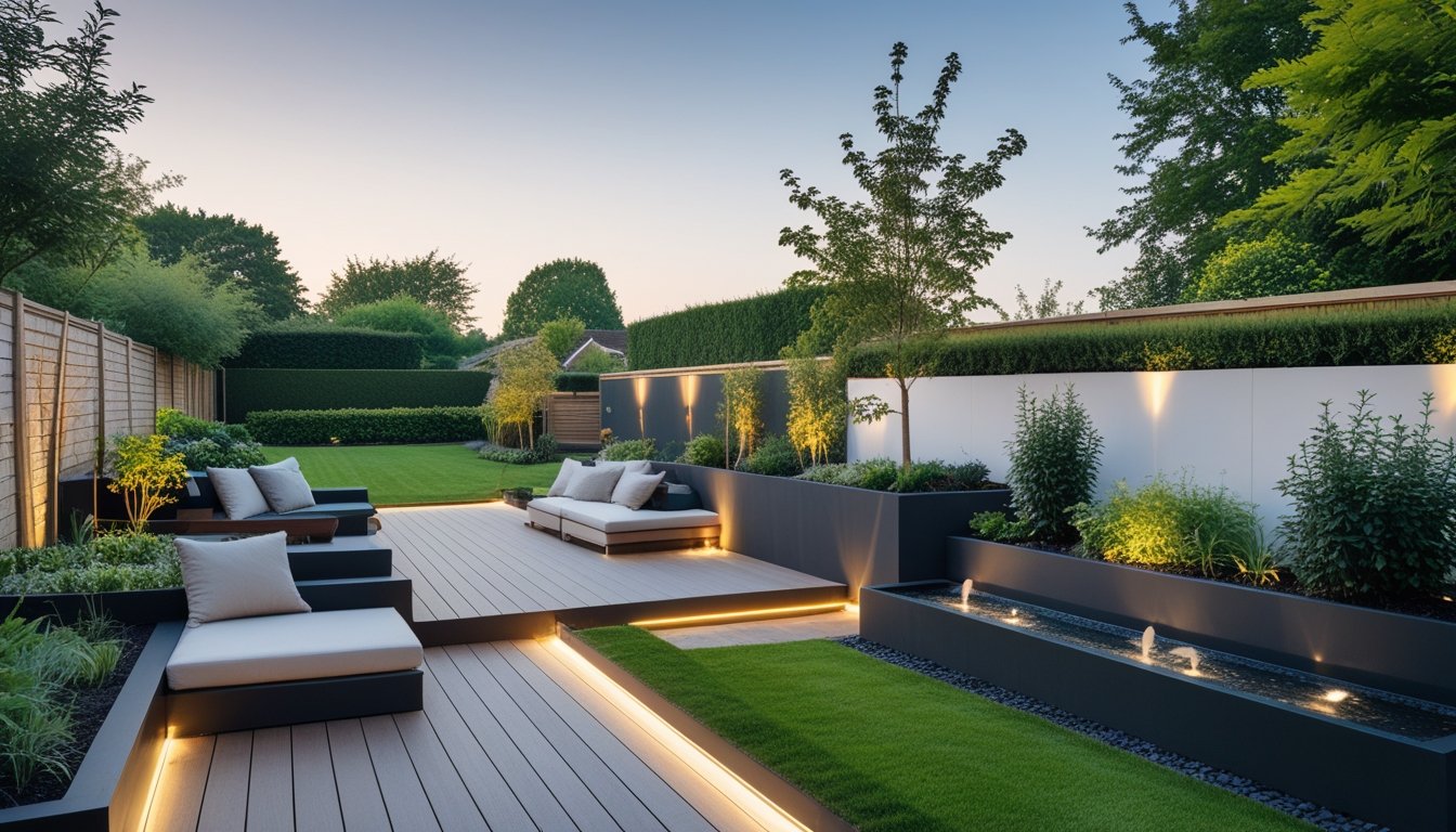 A modern UK garden with wooden decking, outdoor furniture, plants, a water feature, and a well-kept lawn under a clear sky.