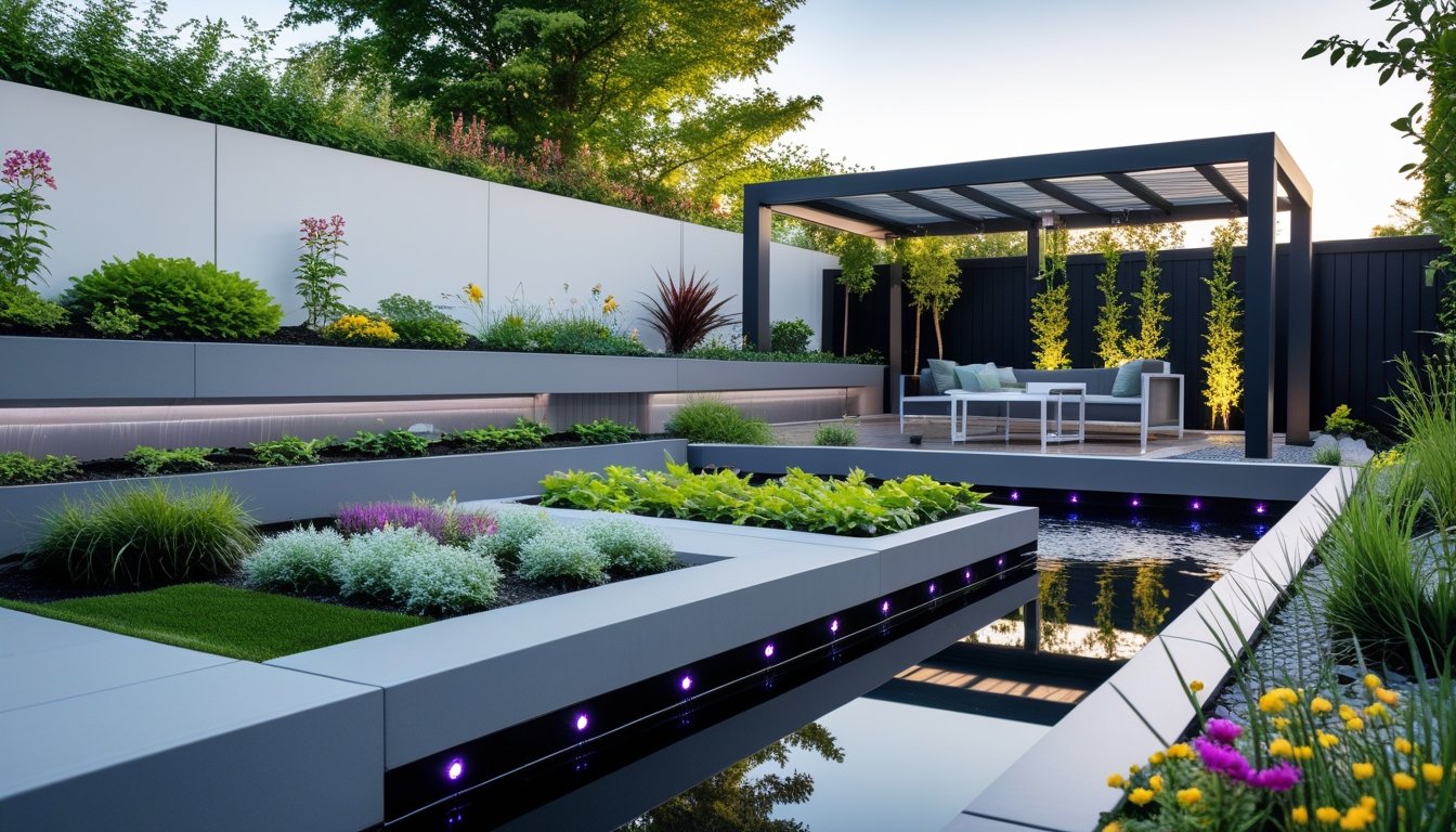 A contemporary UK garden with modern landscaping, green plants, a water feature, outdoor seating, and garden lighting.