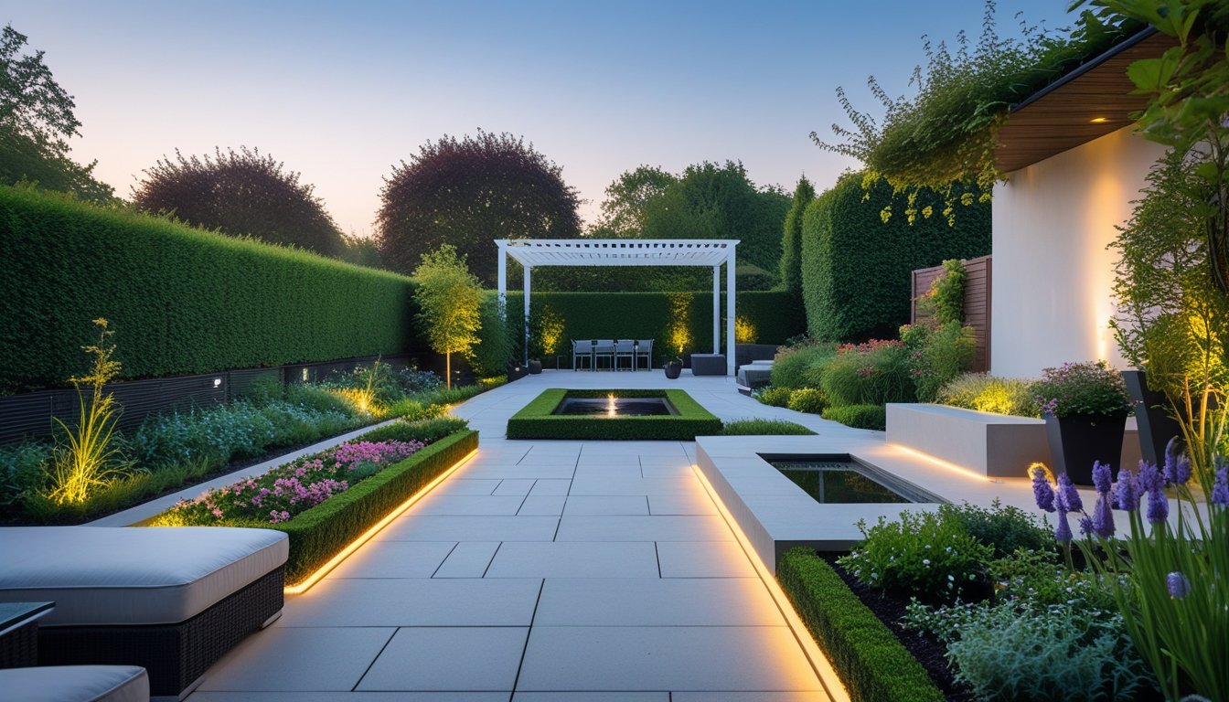 A well-kept UK garden with a patio, modern outdoor furniture, a water feature, flower beds, and a pergola with climbing plants under a clear sky.