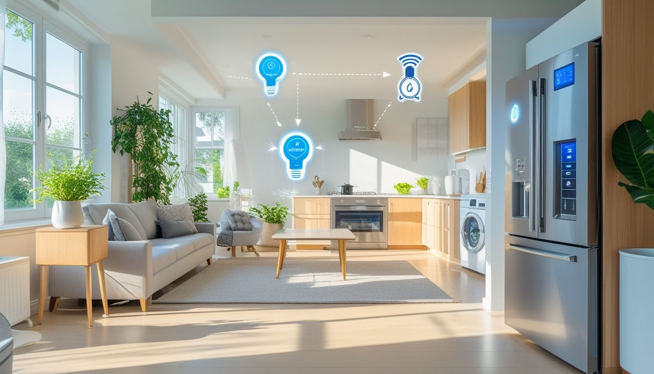 A modern kitchen and living room with smart appliances like a refrigerator, thermostat, lighting, and washing machine designed for home energy efficiency.