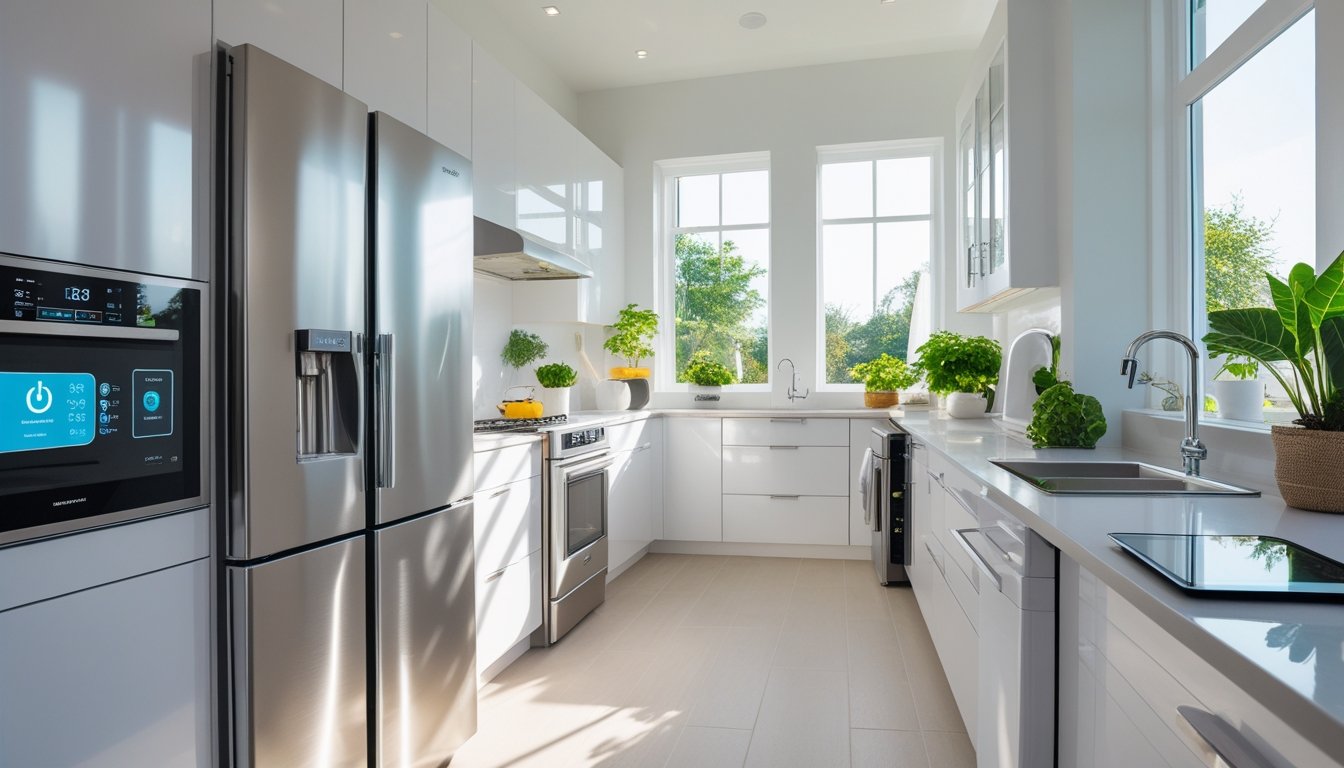 Modern kitchen with smart appliances and a tablet showing energy usage on the counter