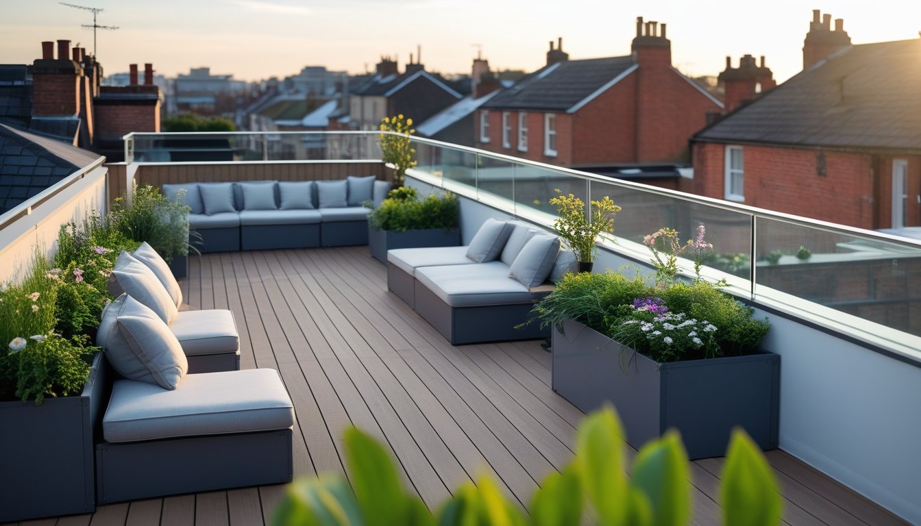 A modern roof terrace on a UK home with outdoor seating, plants, and a dining table overlooking nearby rooftops.