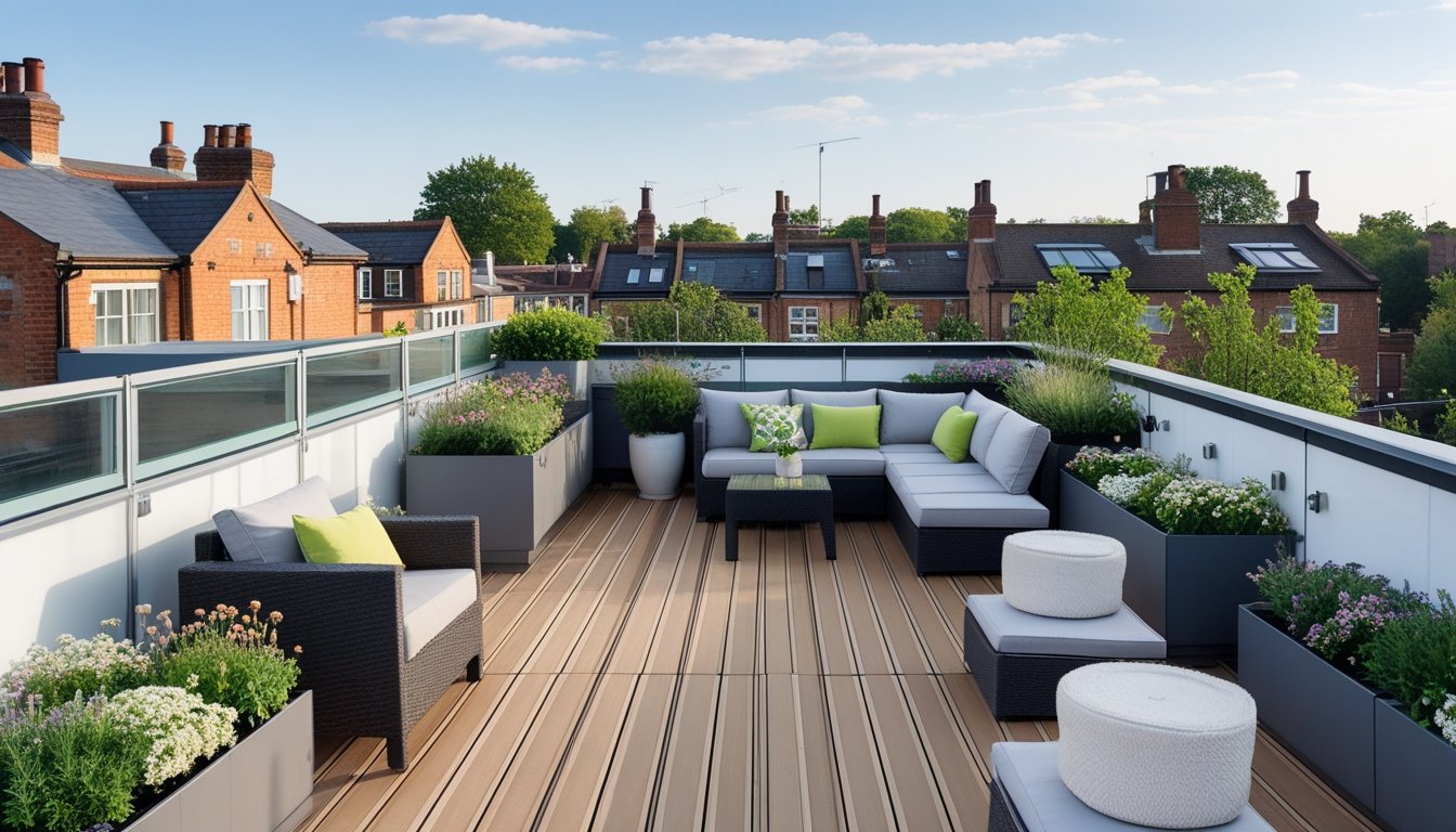 A roof terrace on a UK home with wooden decking, outdoor seating, plants, and views of neighbouring houses.