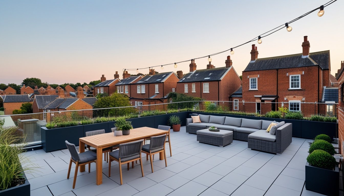 A rooftop terrace on a modern UK home with outdoor furniture, plants, and views of neighbouring houses.