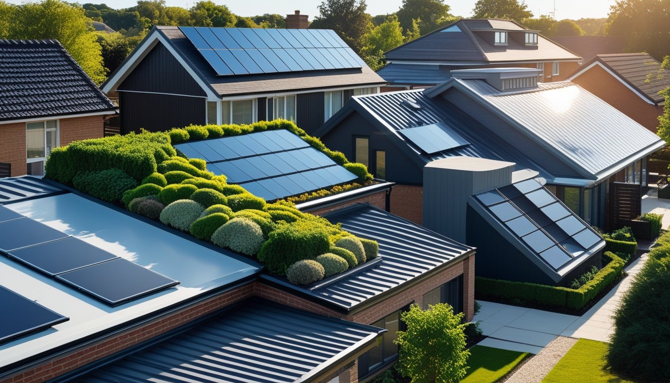 A group of modern UK homes with various unique roof designs featuring solar panels, green vegetation, and different patterned tiles under a clear sky.