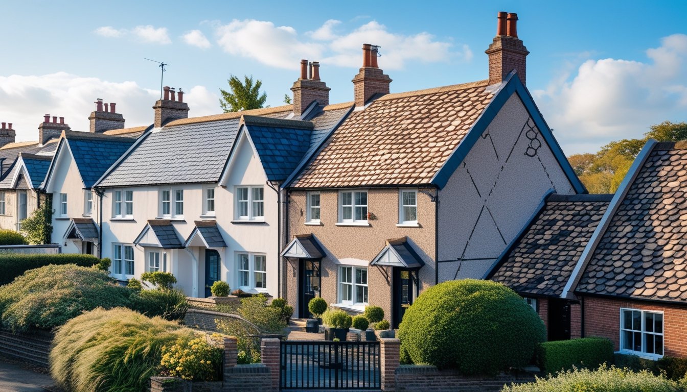 A row of UK houses showing different unique roofing patterns made from various materials under a clear sky.
