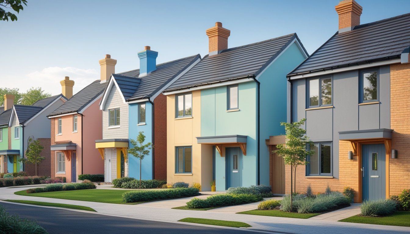 A row of modern UK houses with colourful exterior walls and well-kept gardens on a clear day.