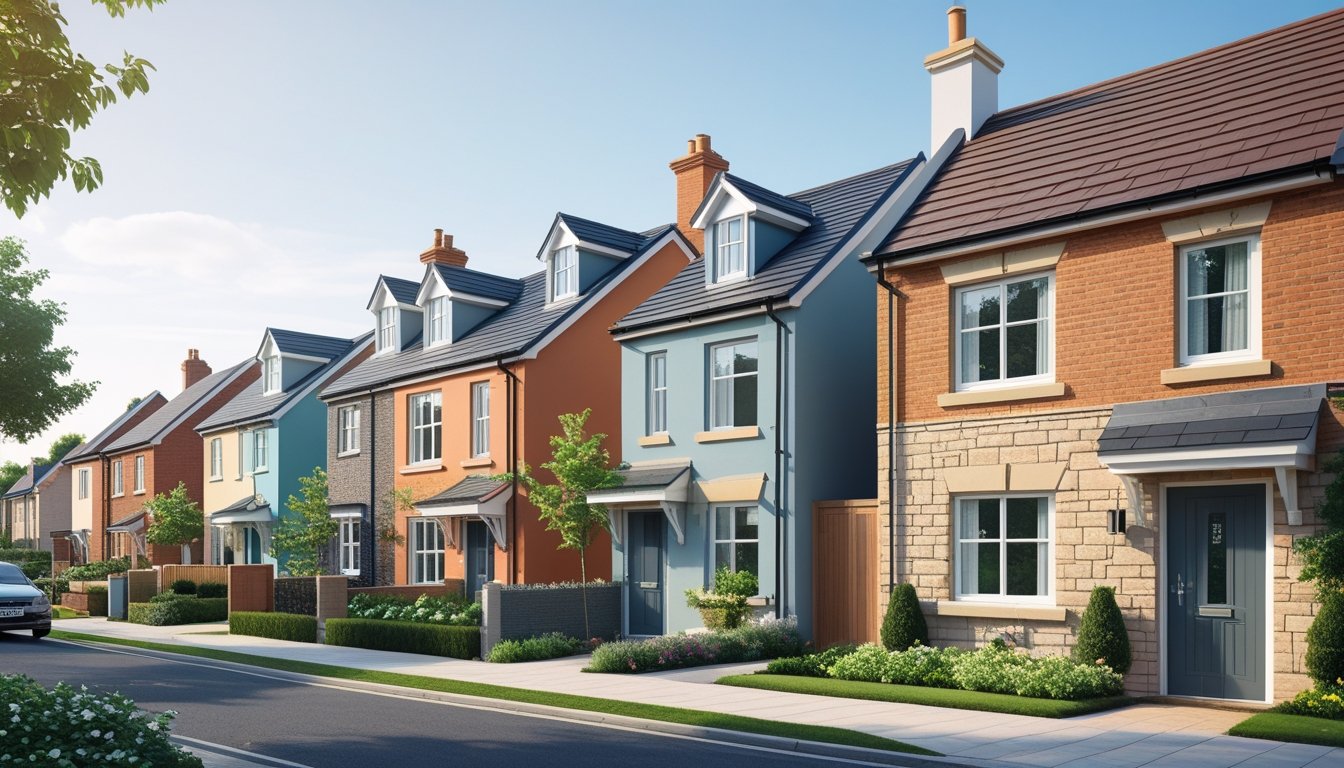 A residential street in the UK showing houses with different colourful exterior paint schemes and well-kept front gardens on a sunny day.