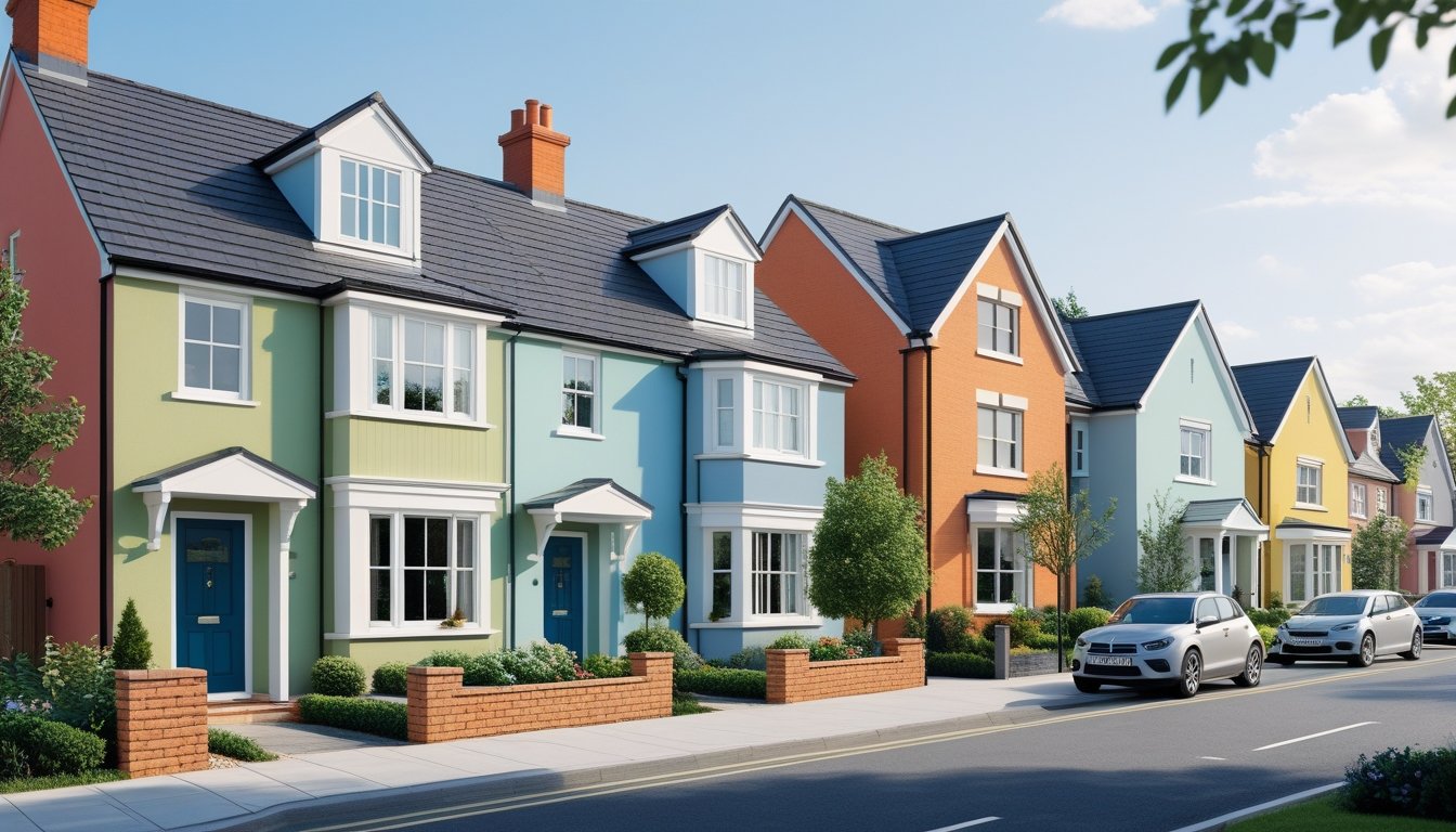 A quiet UK residential street showing several houses painted in different colourful exterior schemes with gardens and a pedestrian walking on the pavement.