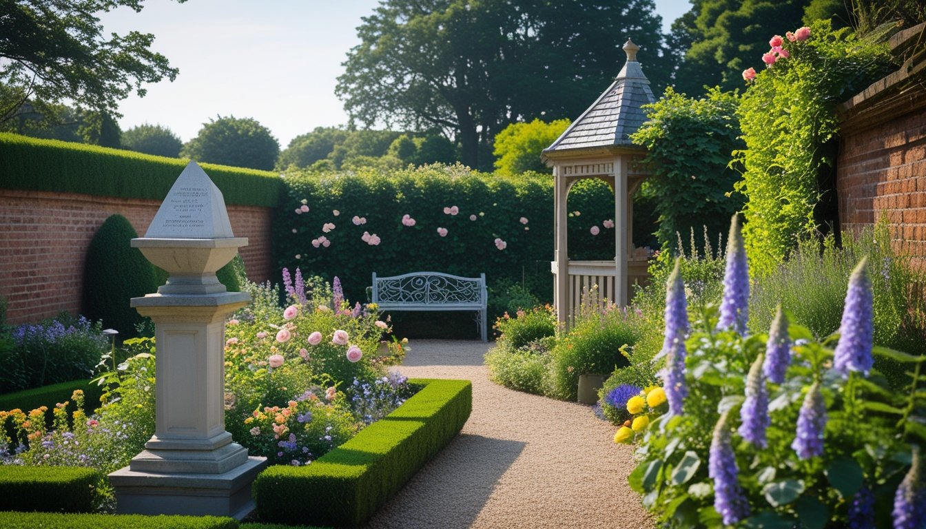 A classic British garden with trimmed hedges, a stone sundial, colourful flower beds, a wrought iron bench, a gravel path, and a wooden gazebo covered in wisteria.