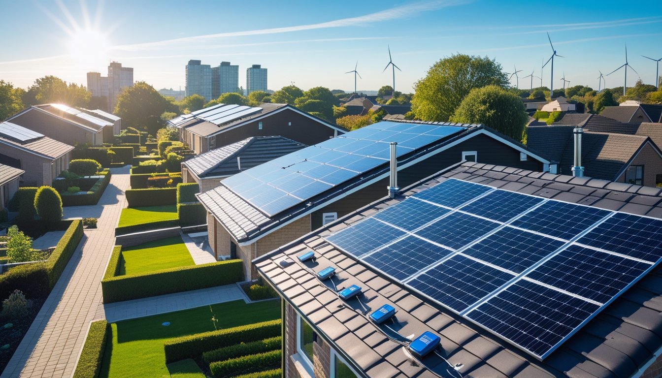A neighbourhood of modern UK houses with solar panels and smart sensors on the roofs, surrounded by greenery and a distant city skyline with wind turbines.