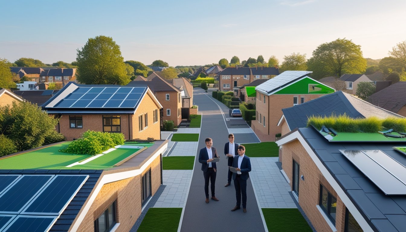 A group of people examining eco-friendly roofs with solar panels and green vegetation on houses in a UK neighbourhood.