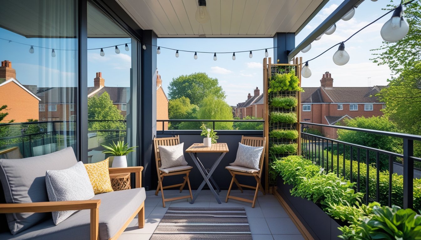 A small balcony in a UK home with a dining table, chairs, plants, and string lights overlooking a suburban neighbourhood.