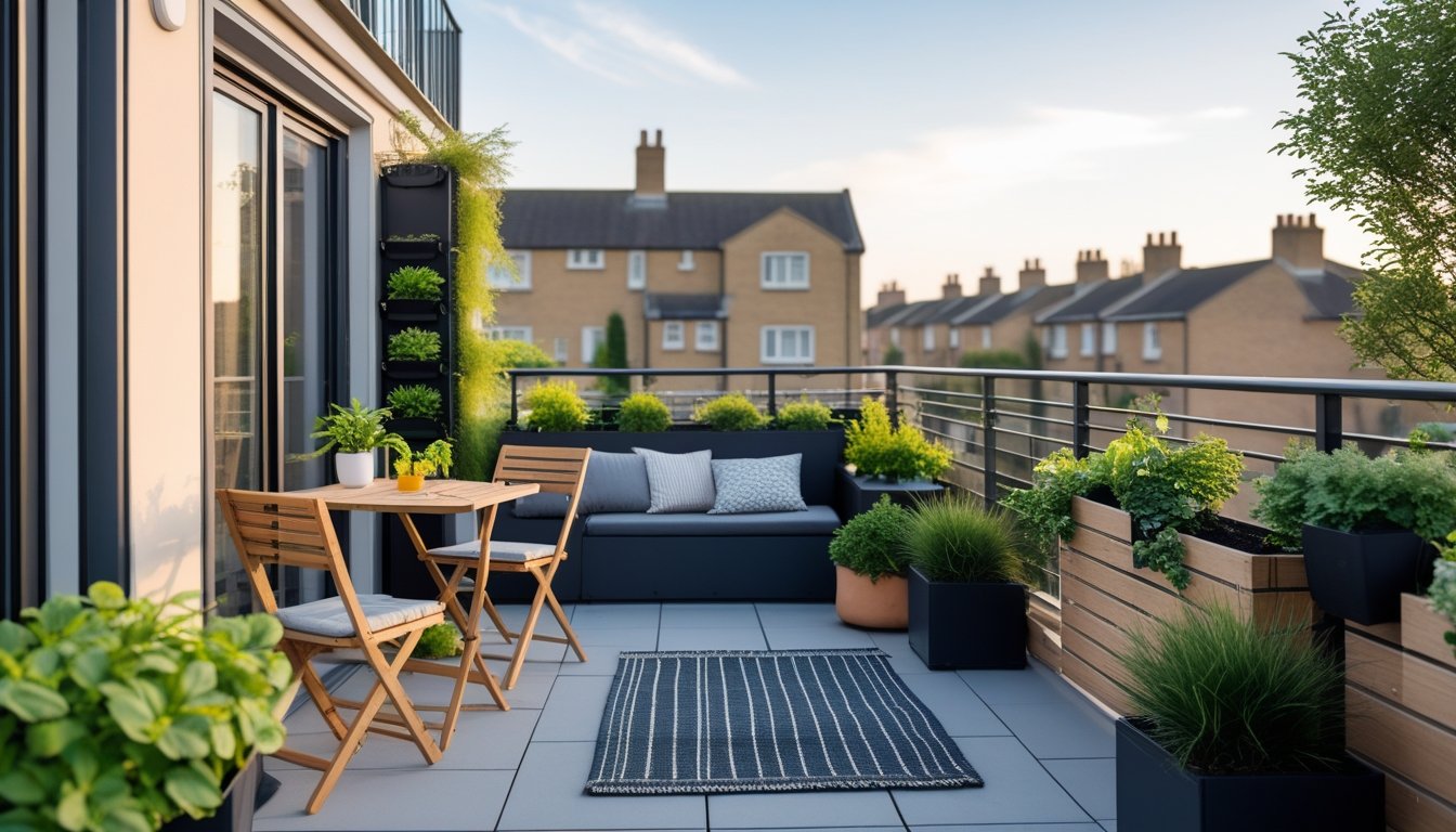 A modern UK balcony with foldable furniture, plants, and a cozy seating area overlooking residential buildings.