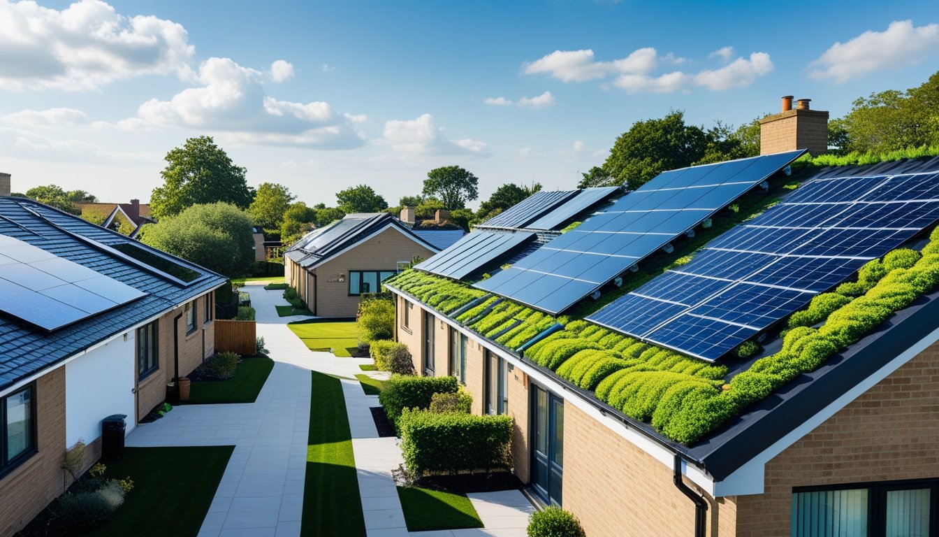 A neighbourhood of UK homes with solar panels, green roofs, and metal roofs under a clear blue sky.
