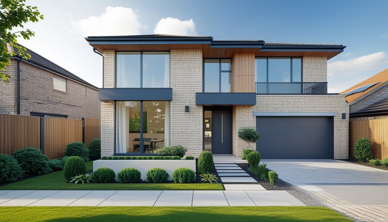 A modern detached house in the UK with a landscaped front garden and clear sky.