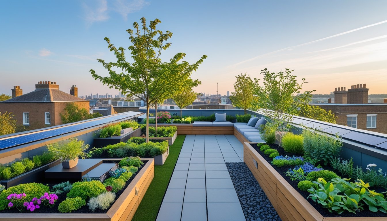 A rooftop garden on a modern UK home with green plants, flowers, seating areas, and a city skyline in the background.