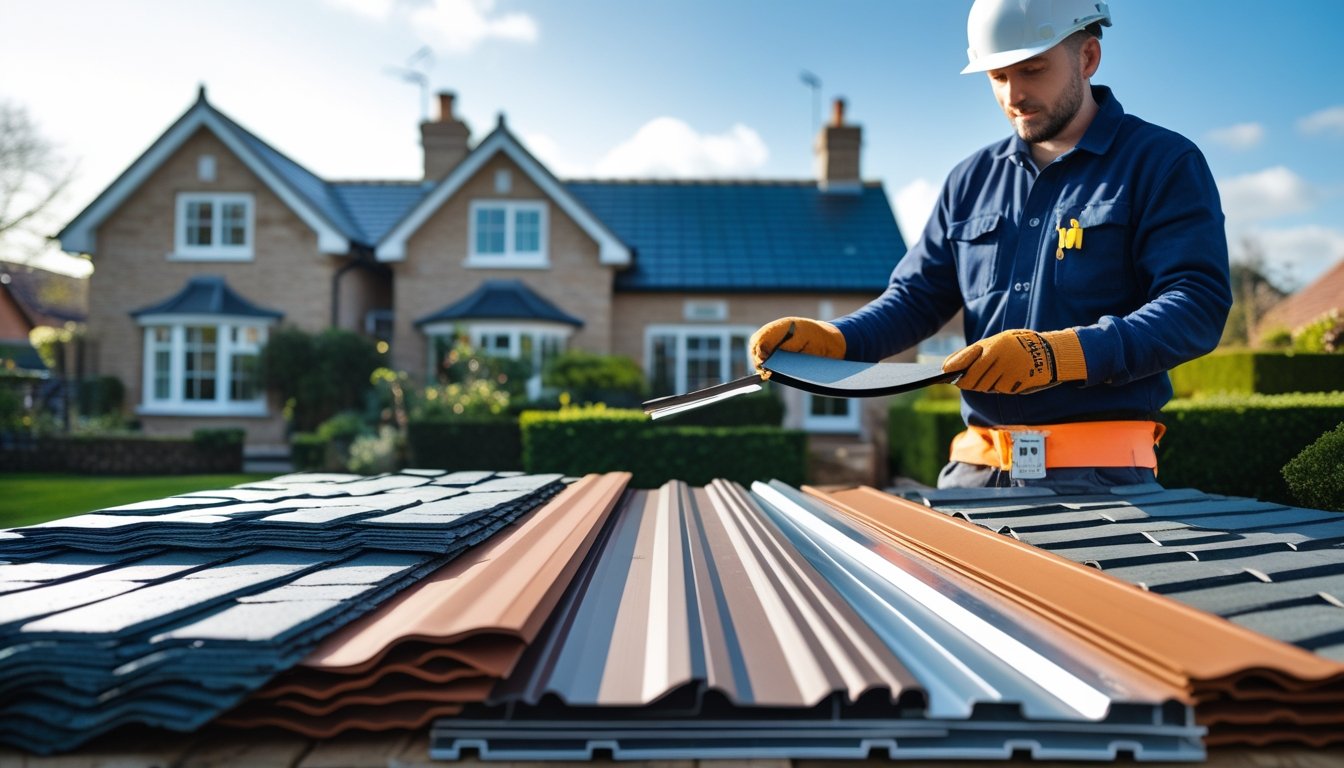 Person examining different roofing materials on a table with a UK house roof in the background.