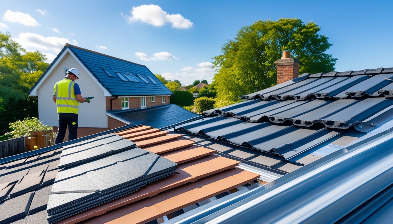 A roofer inspecting a pitched roof with different roofing materials displayed nearby on a sunny day in a UK suburban neighbourhood.