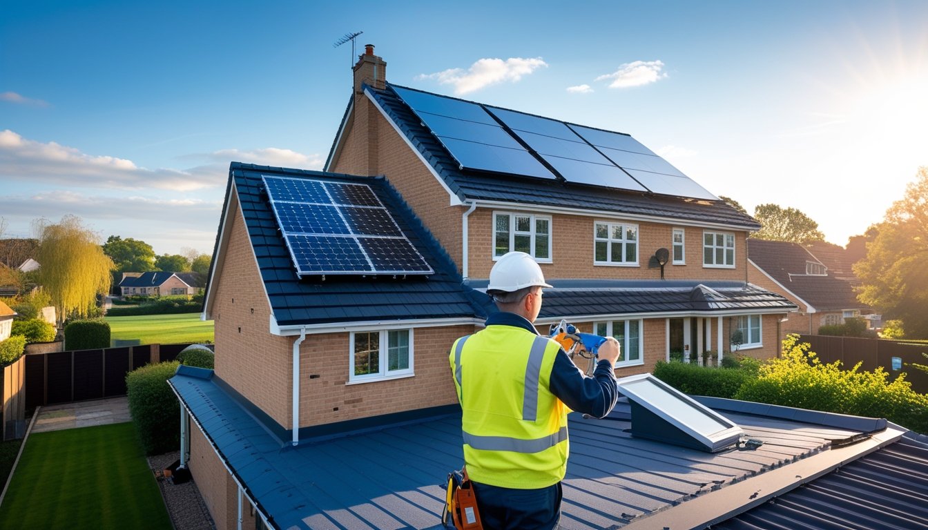 A modern UK house with solar panels, insulation, and skylights on the roof, with a technician inspecting the roof outdoors.