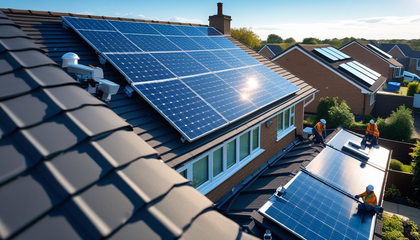 A suburban UK neighbourhood with houses having solar panels and green roofs, workers installing energy-efficient roofing materials on a house roof.