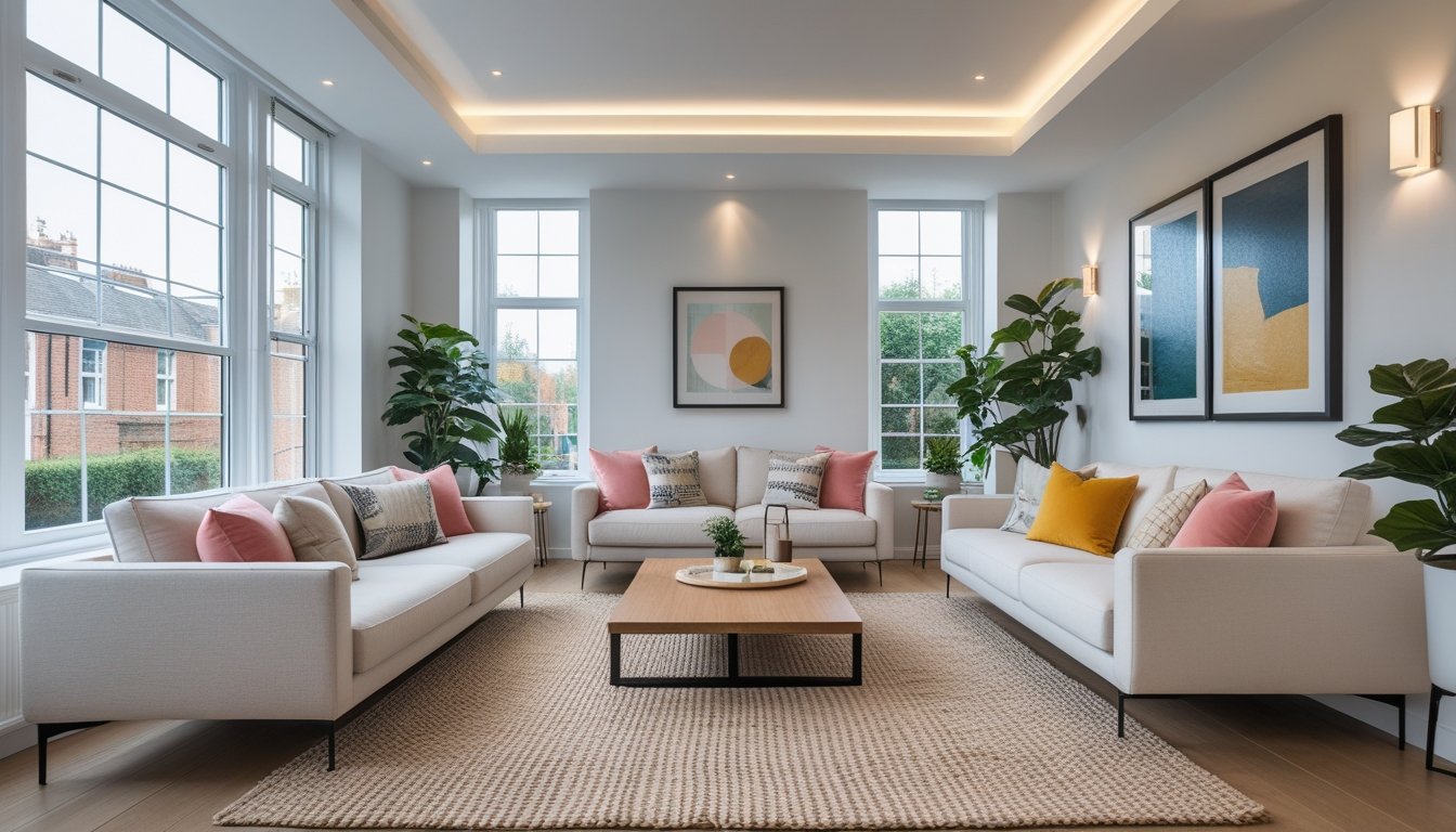 A bright and spacious living room with large windows, modern furniture, indoor plants, and decorative artwork.