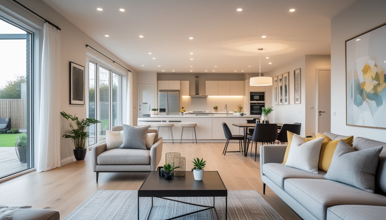 A bright and spacious living room with modern furniture, large windows, wooden floors, and an open-plan kitchen in the background.