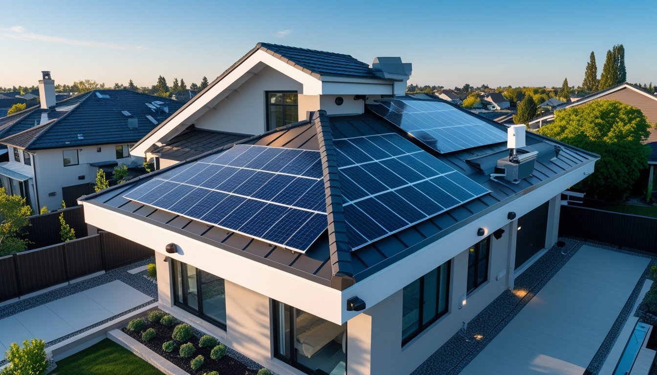 A modern house rooftop with solar panels, security cameras, and motion sensor lights in a suburban neighbourhood.