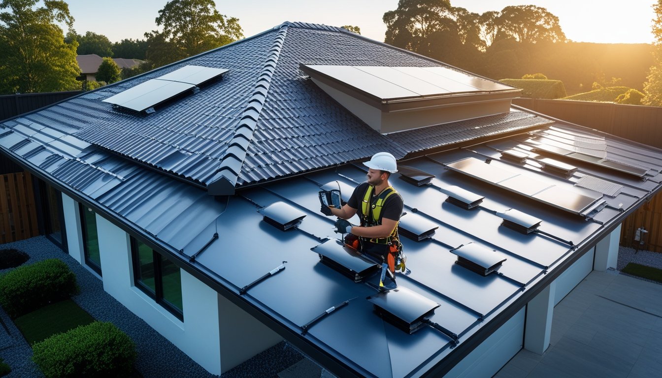 A professional roofer inspecting a modern house roof with metal shingles and solar panels under a clear blue sky.