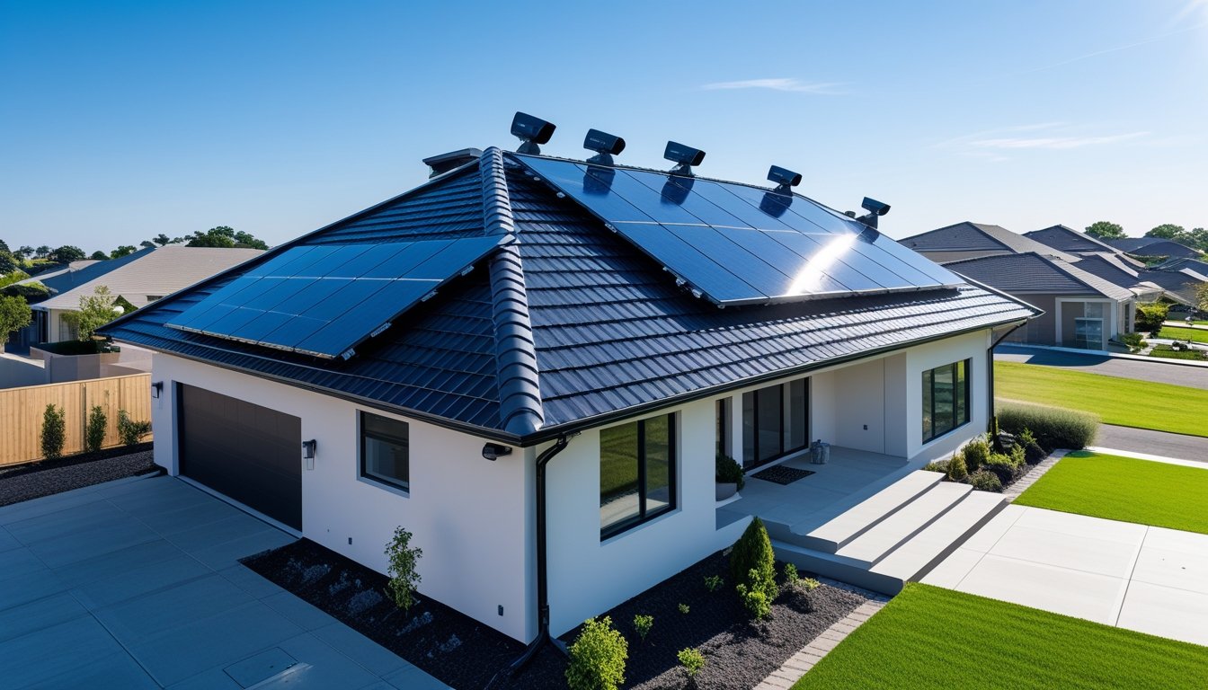 A modern house with a roof fitted with solar panels, security cameras, and motion sensor lights under a clear blue sky.