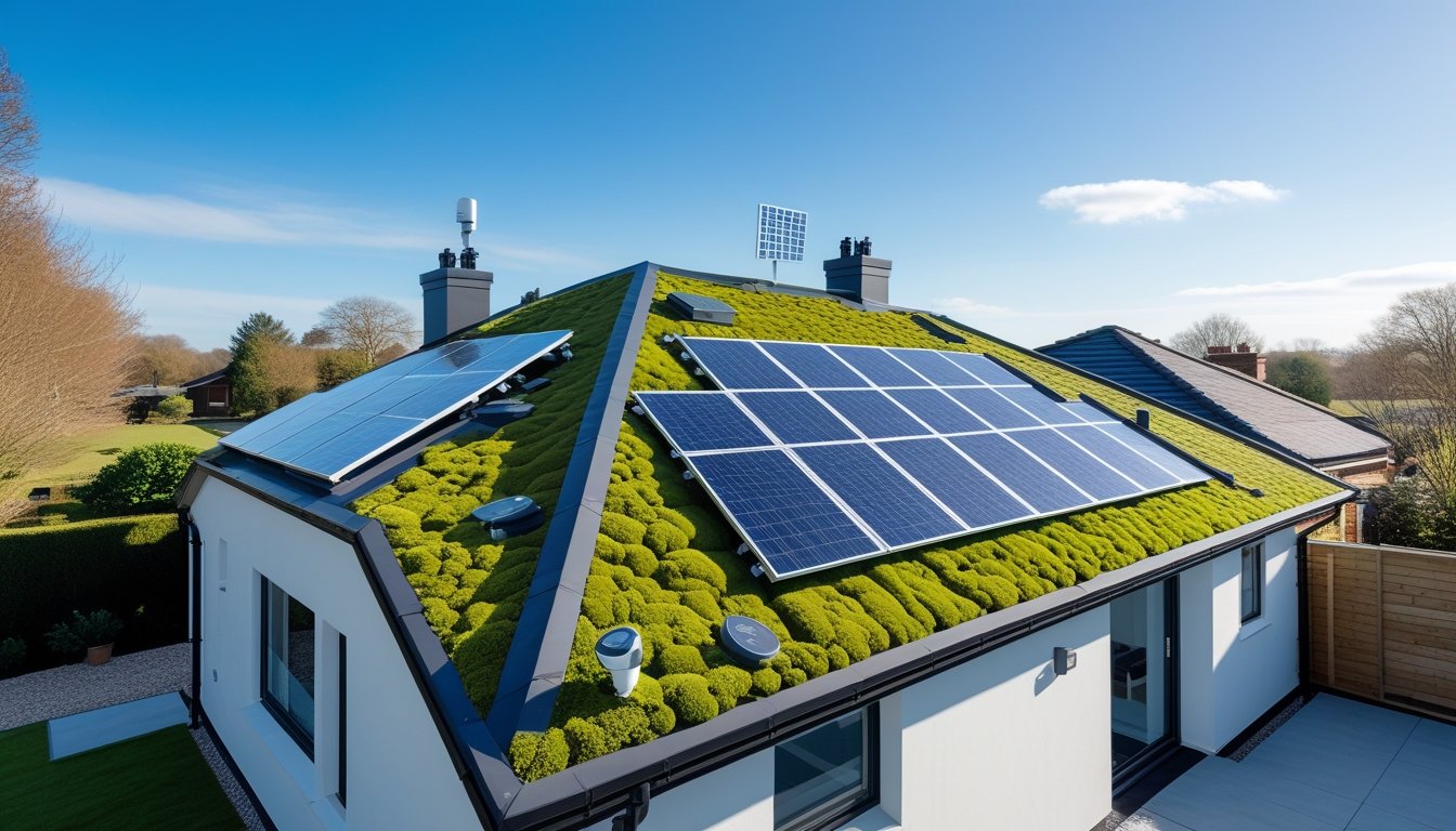 A modern UK house roof with solar panels and green plants integrated, surrounded by a garden under a clear blue sky.