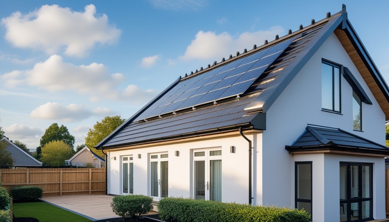 A modern UK house roof with solar panels, slate tiles, and a garden under a clear sky.