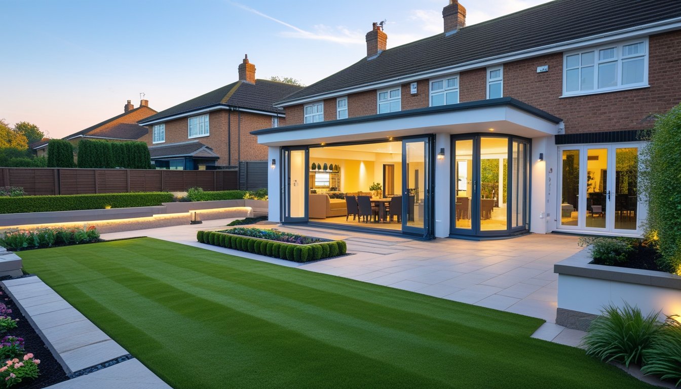 A modern UK home with a rear extension and a landscaped garden featuring green lawns, flower beds, and a paved patio area.