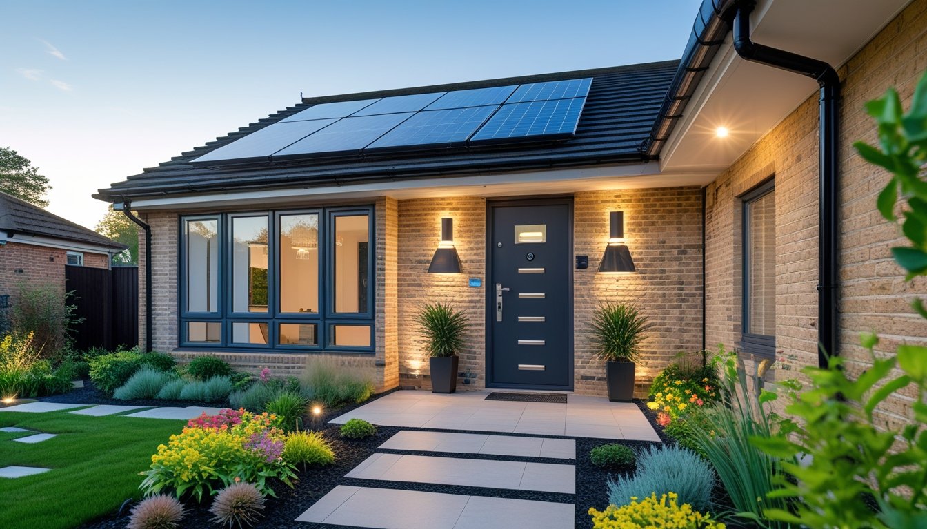 A modern UK house exterior with a brick facade, large windows, a front door, garden plants, solar panels on the roof, and a paved pathway.