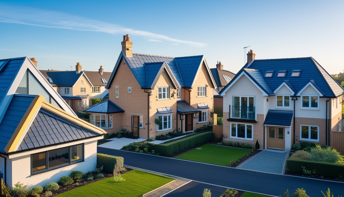 A group of modern UK homes with various pitched roof designs under a clear blue sky, surrounded by gardens and greenery.
