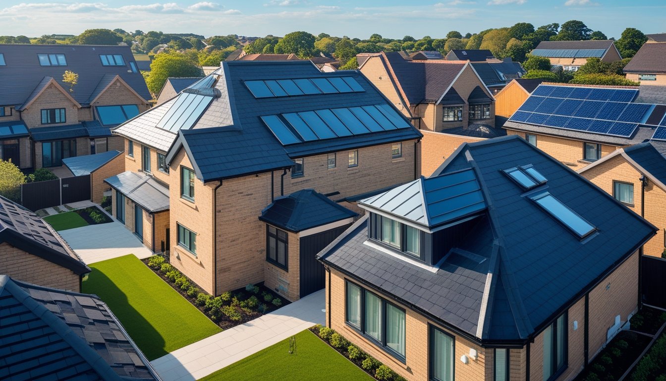A suburban neighbourhood with several modern UK homes featuring different pitched roof designs, including skylights and solar panels, under a clear blue sky.