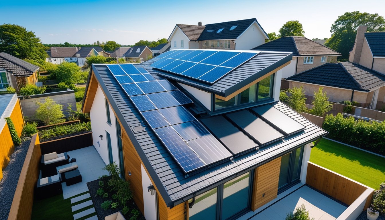 A modern UK house with a pitched roof featuring solar panels and greenery under a clear blue sky.