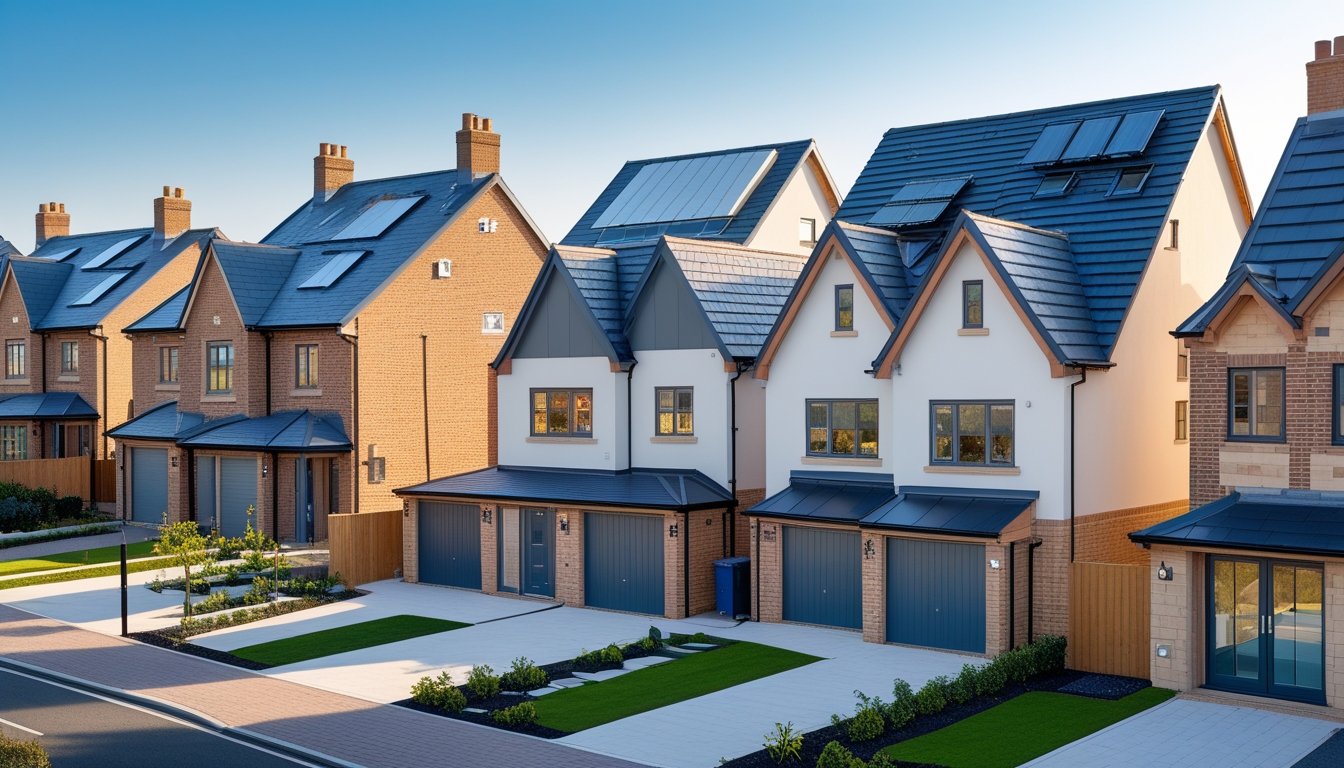 A neighbourhood of UK houses with various pitched roof designs, including solar panels and skylights, under a clear blue sky.
