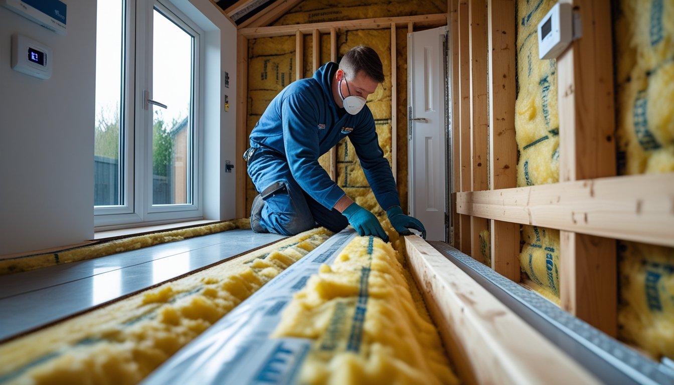 A worker installing insulation inside the wall of a modern UK home, with energy-efficient windows and a thermostat visible in the background.
