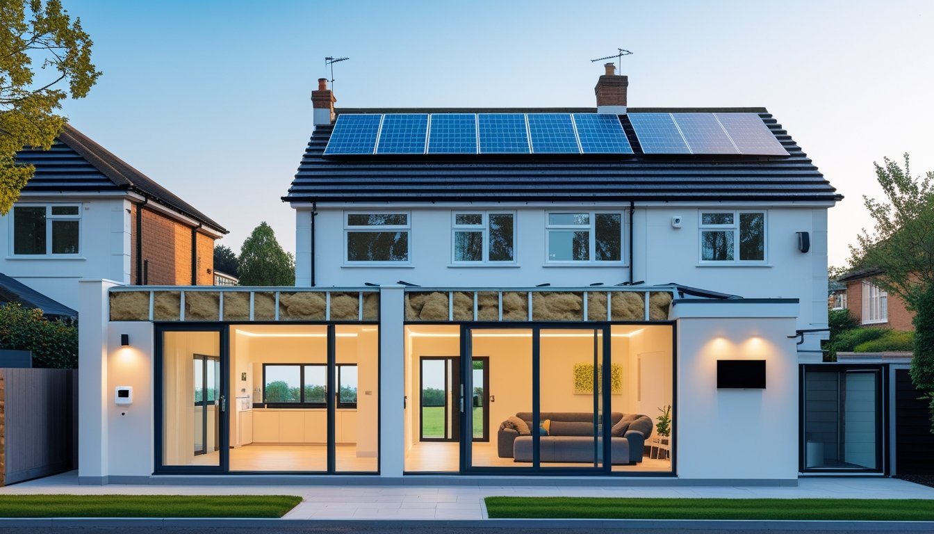 Cross-section of a modern UK home showing insulation, double-glazed windows, solar panels on the roof, and a smart thermostat inside.