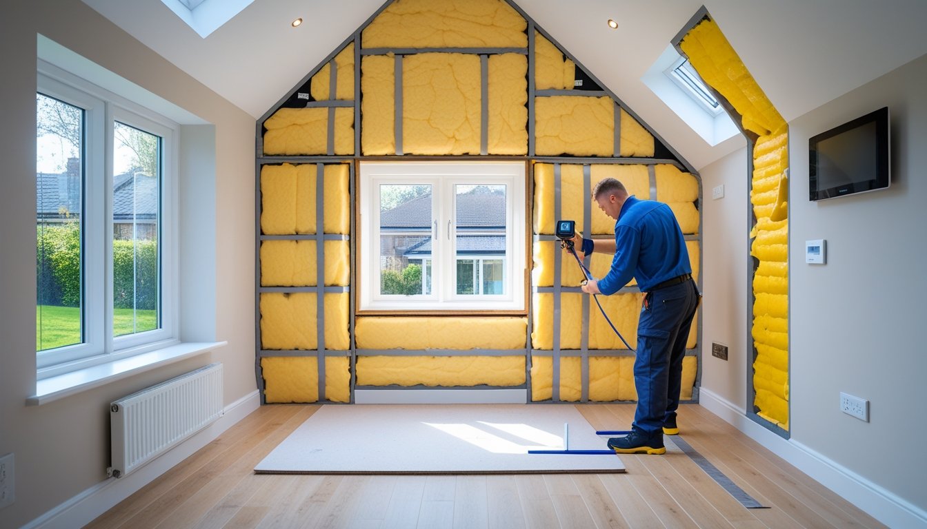 A person inspecting insulation materials inside a modern UK home living room with energy-efficient features like double-glazed windows and a smart thermostat.