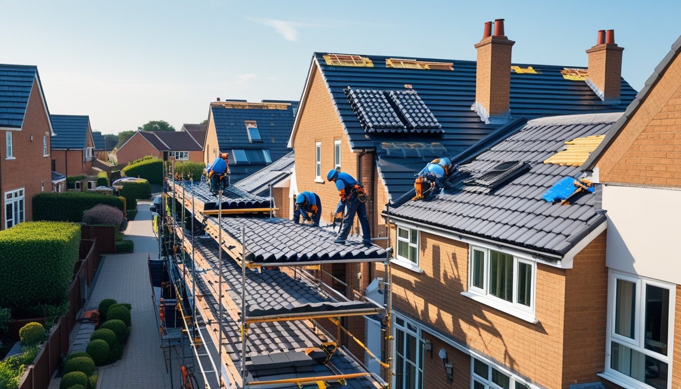 Workers repairing roofs on houses in a UK neighbourhood with scaffolding and tools visible.