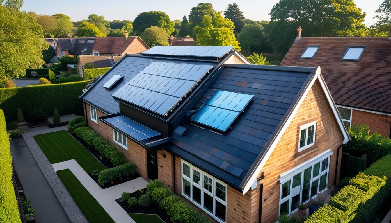 A UK bungalow with a unique roof combining slate tiles and solar panels, surrounded by green gardens under a clear sky.